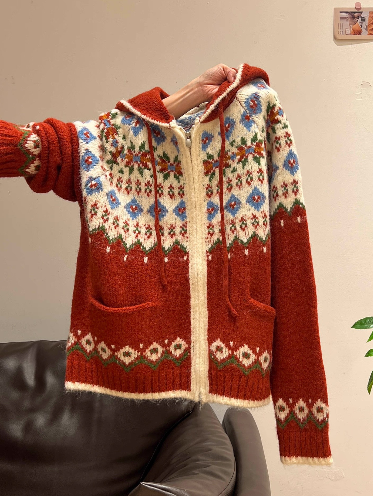 FAIR ISLE FESTIVE RED ZIP HOODIE CARDIGAN