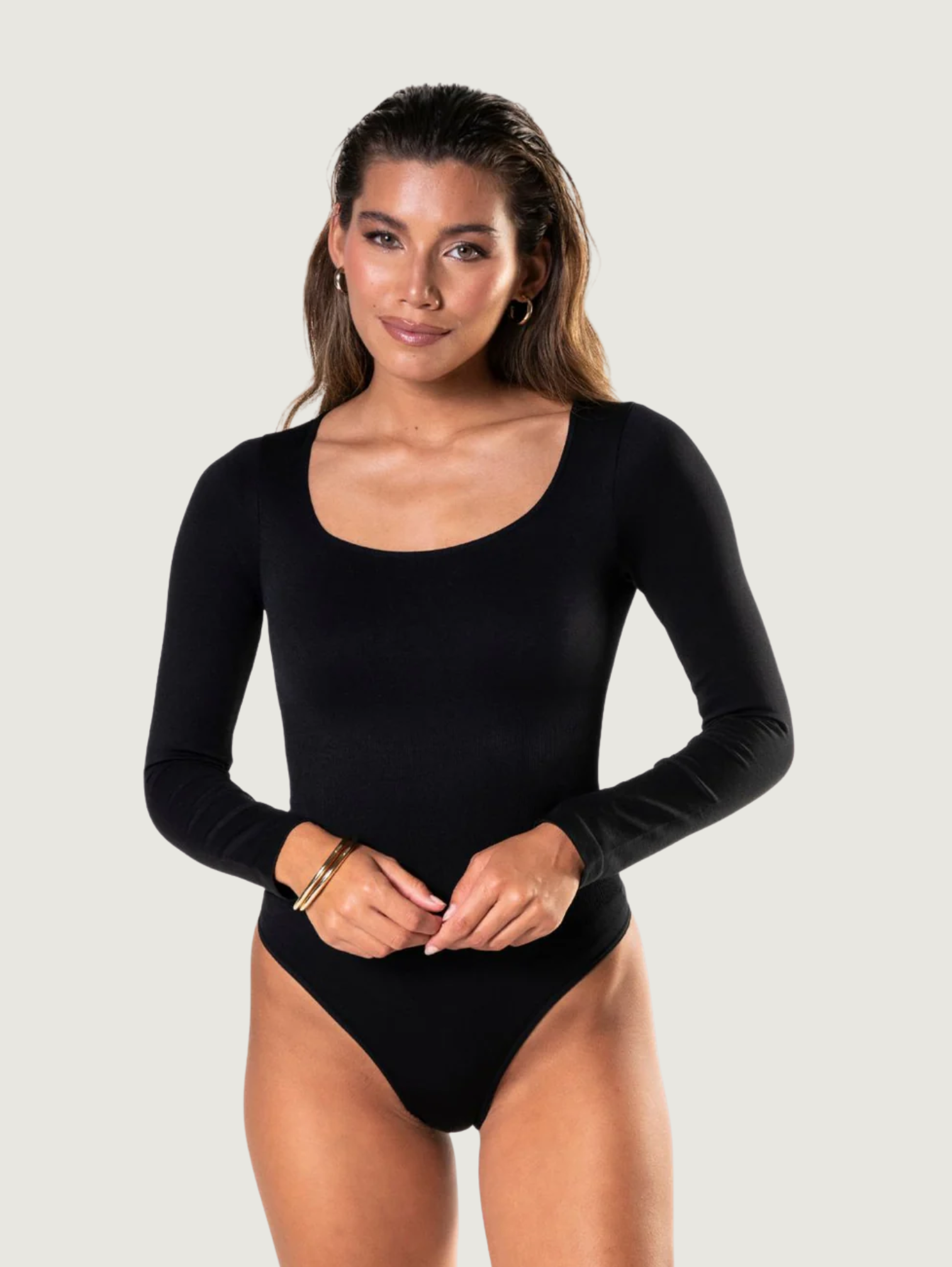 STRETCH LONG SLEEVE THONG BODYSUIT