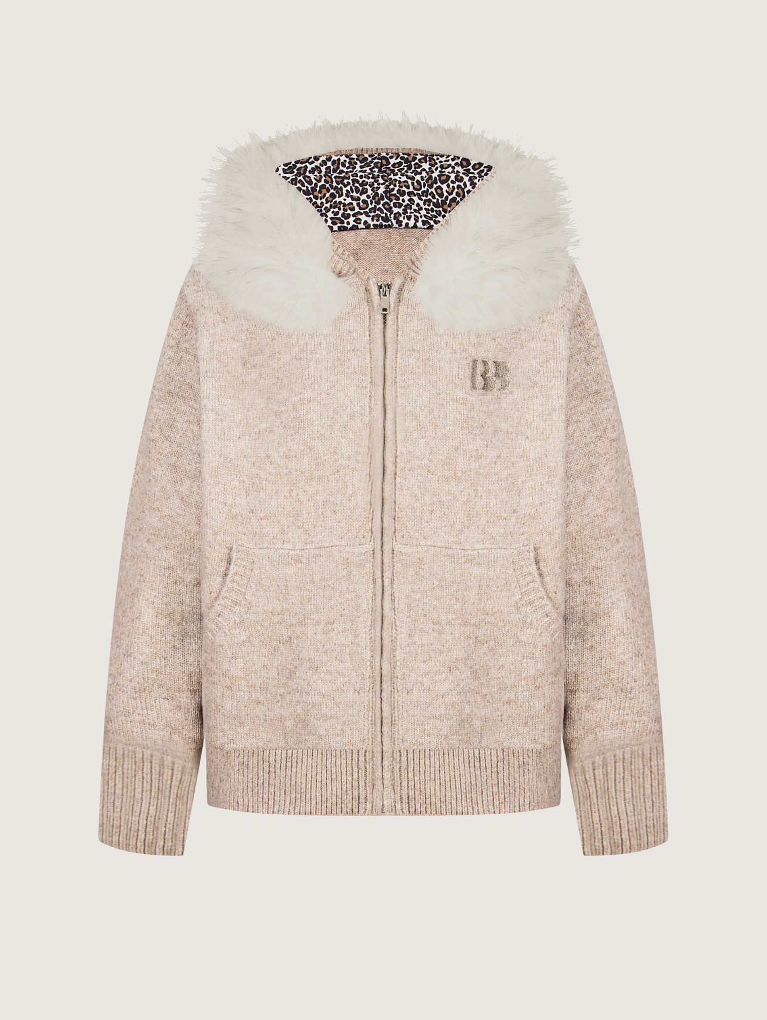 LEOPARD PRINT KNIT CARDIGAN WITH FUR COLLAR