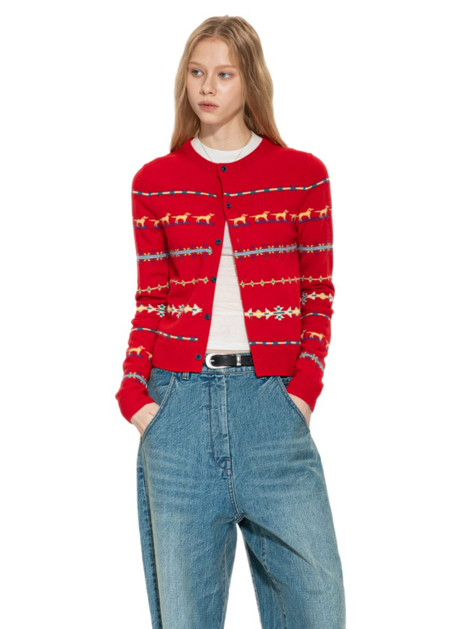 CHRISTMAS RED PUPPY KNIT CARDIGAN