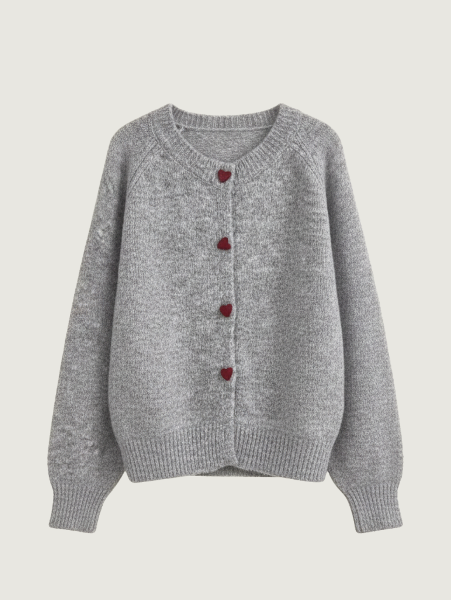 GRAY HEART-BUTTON KNIT CARDIGAN