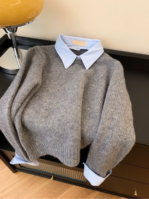 CONTRAST COLLAR KNIT LAYERING TOP