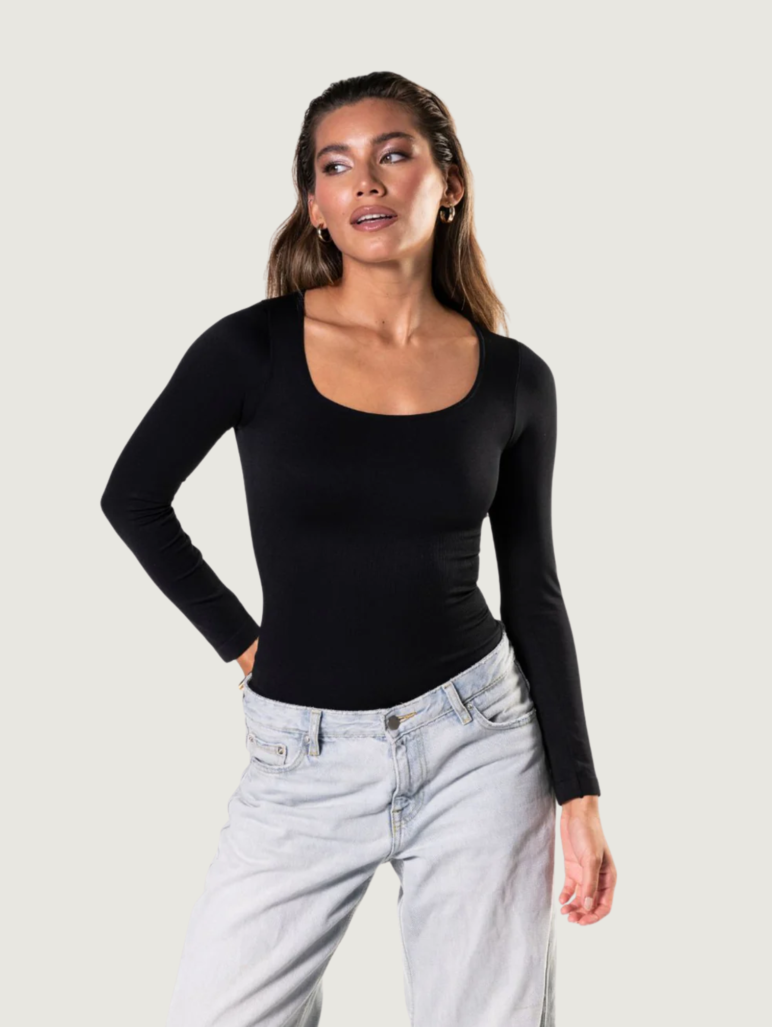 STRETCH LONG SLEEVE THONG BODYSUIT