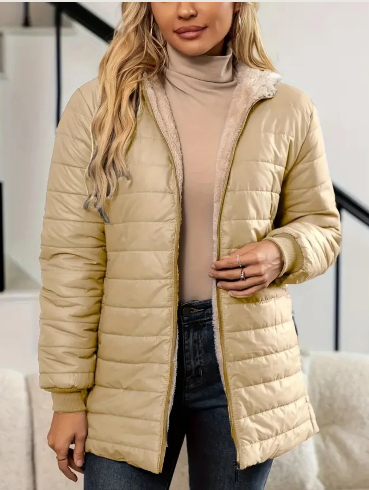 MID-LENGTH HOODED PUFFER ZIPPER JACKET