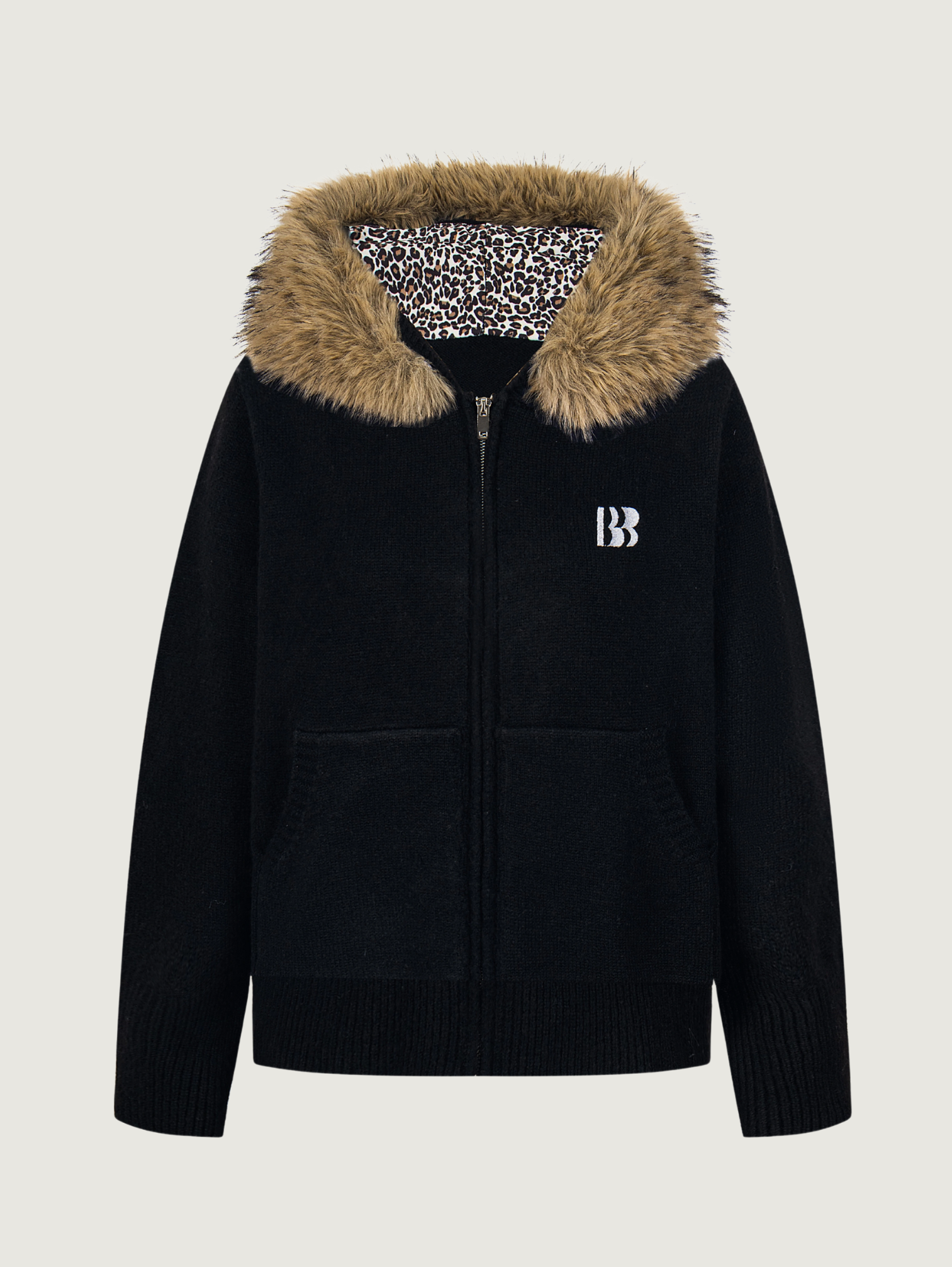 LEOPARD PRINT KNIT CARDIGAN WITH FUR COLLAR