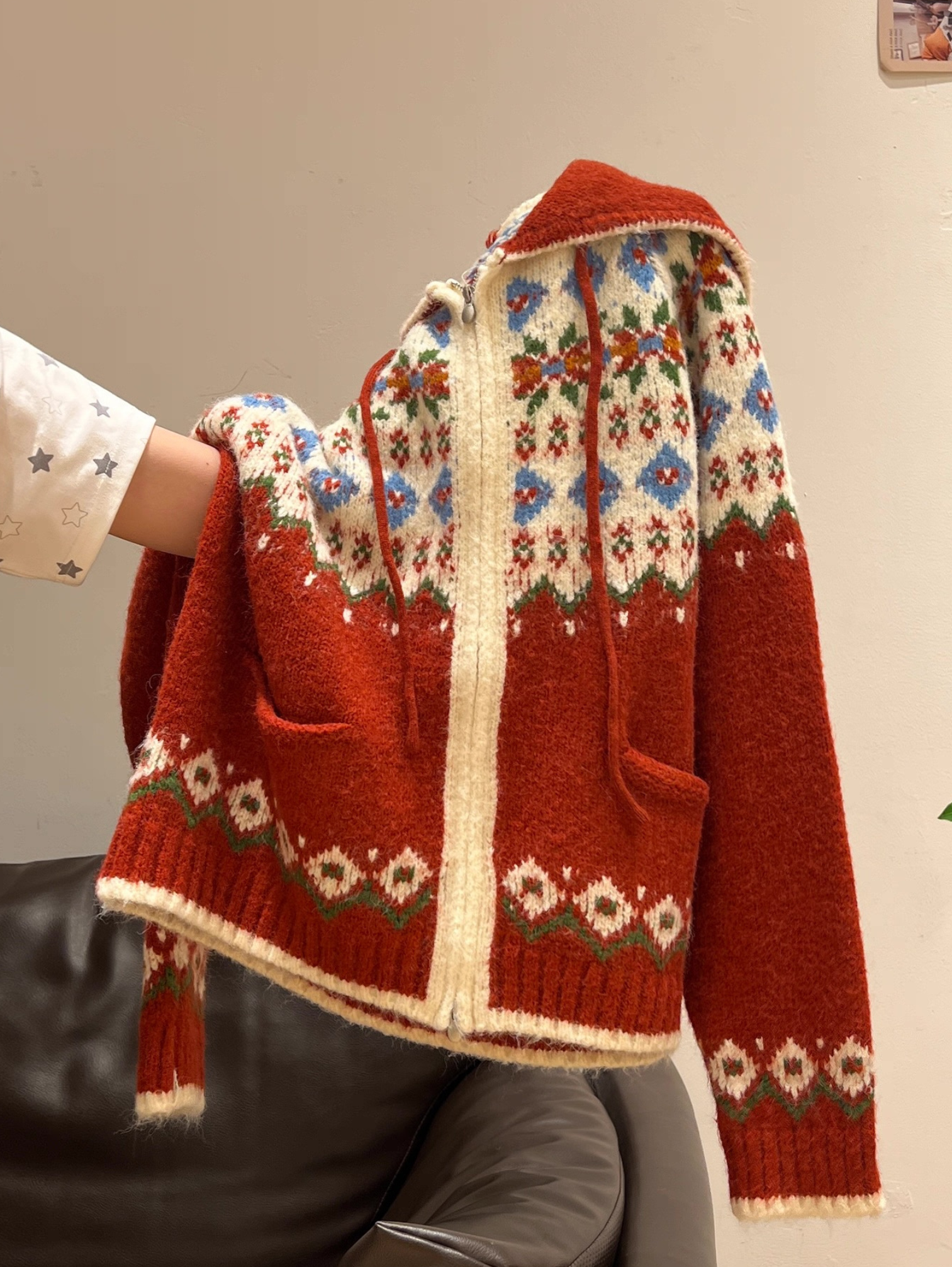 FAIR ISLE FESTIVE RED ZIP HOODIE CARDIGAN