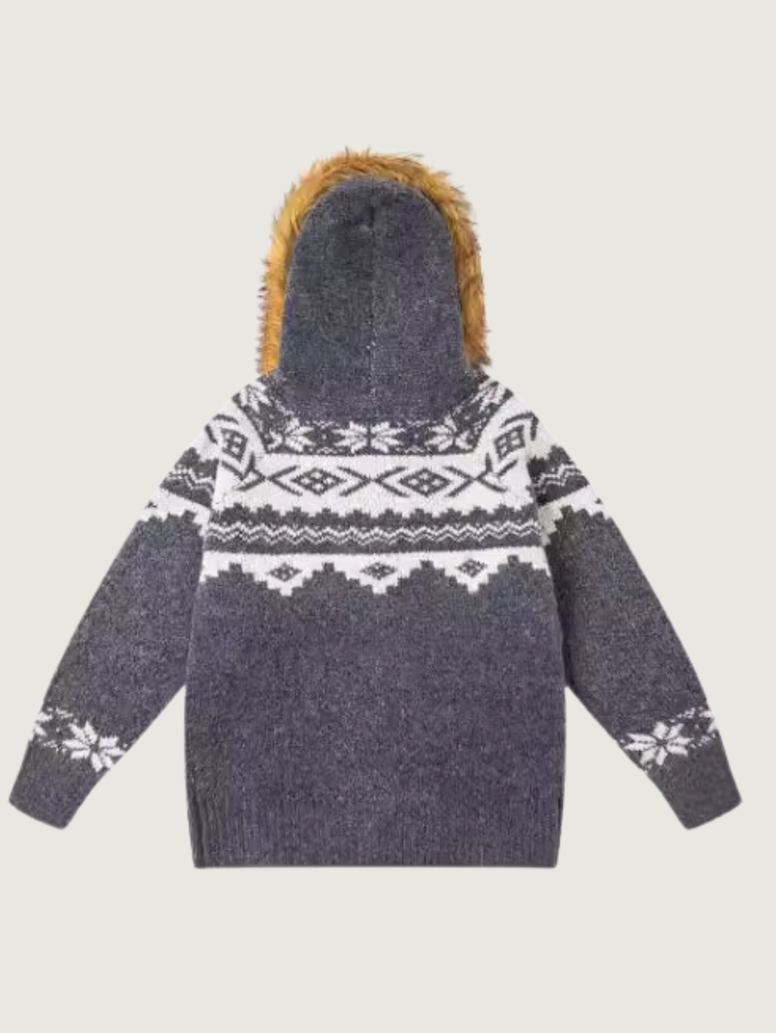 UNISEX FAIR ISLE ZIP CARDIGAN WITH REMOVABLE FUR COLLAR