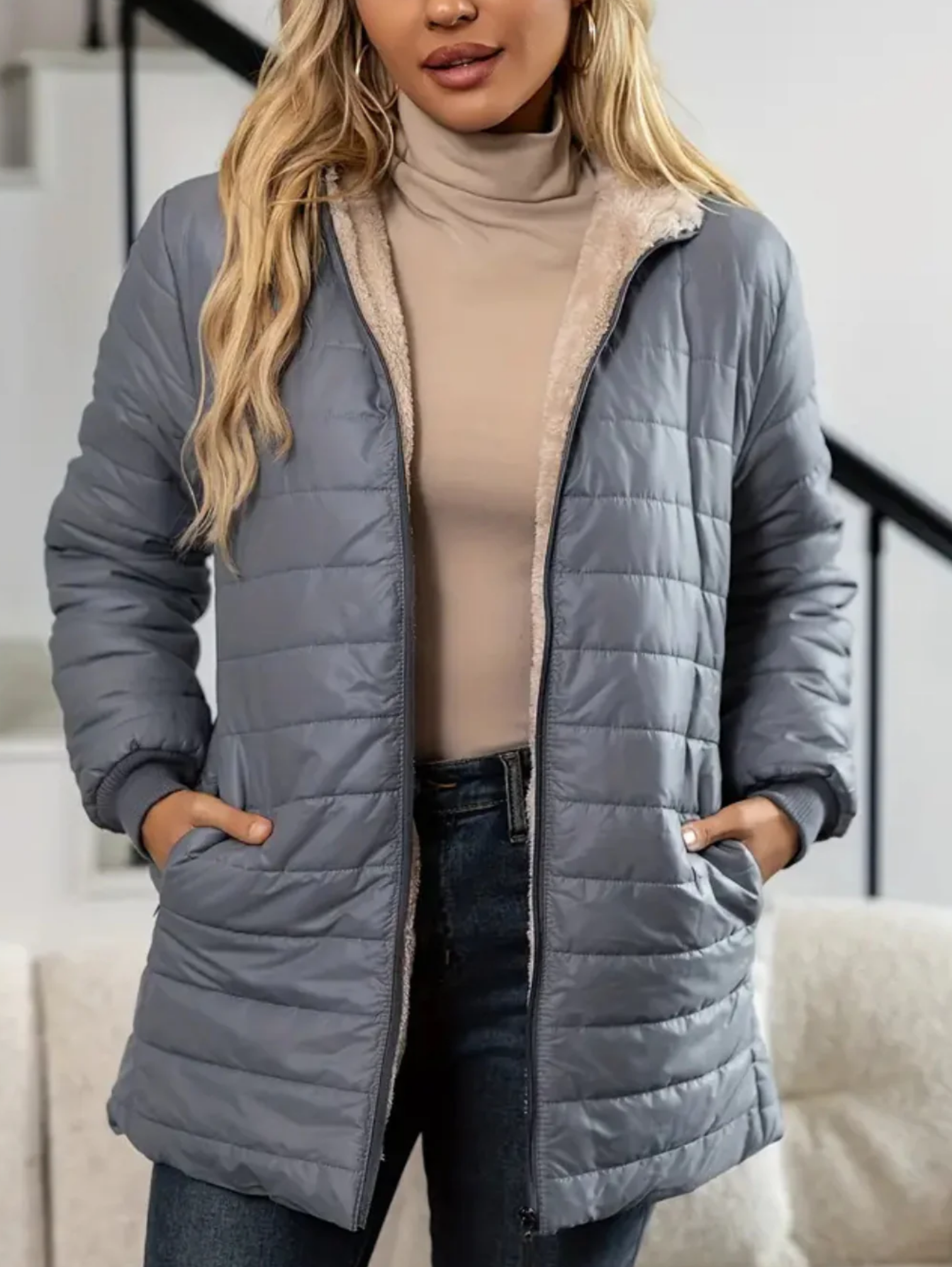 MID-LENGTH HOODED PUFFER ZIPPER JACKET