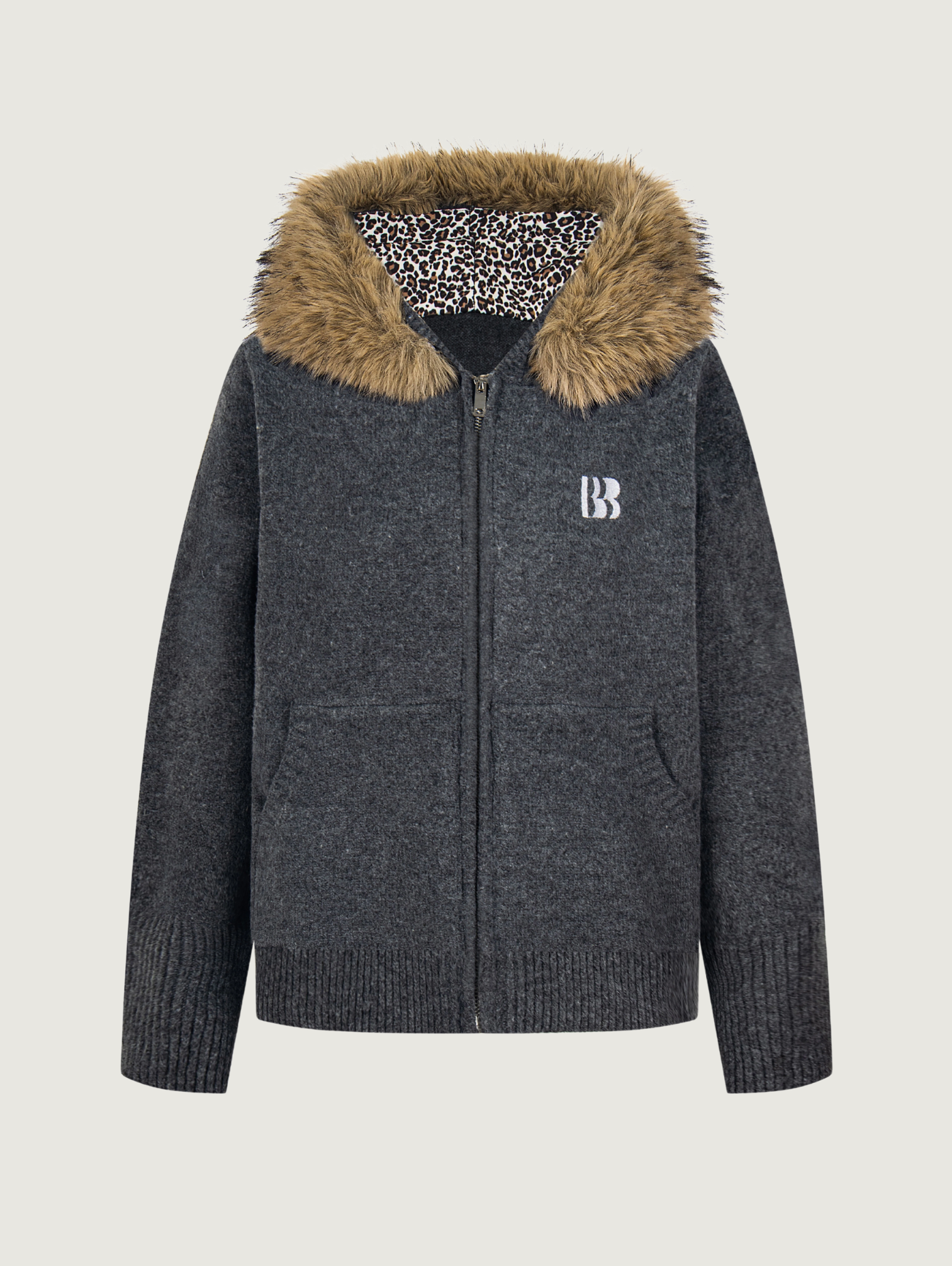 LEOPARD PRINT KNIT CARDIGAN WITH FUR COLLAR