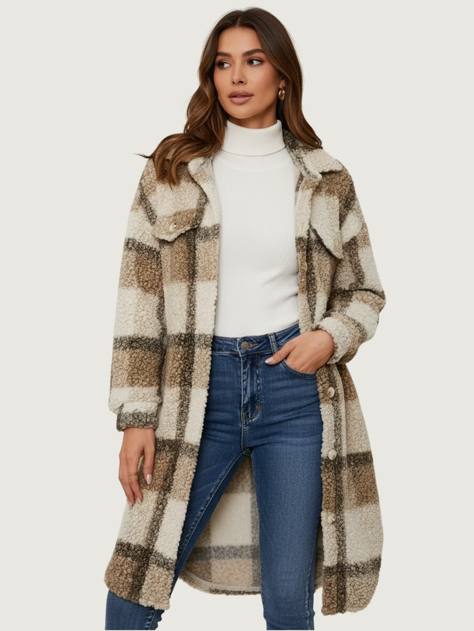 FUZZY PLAID LONG JACKET