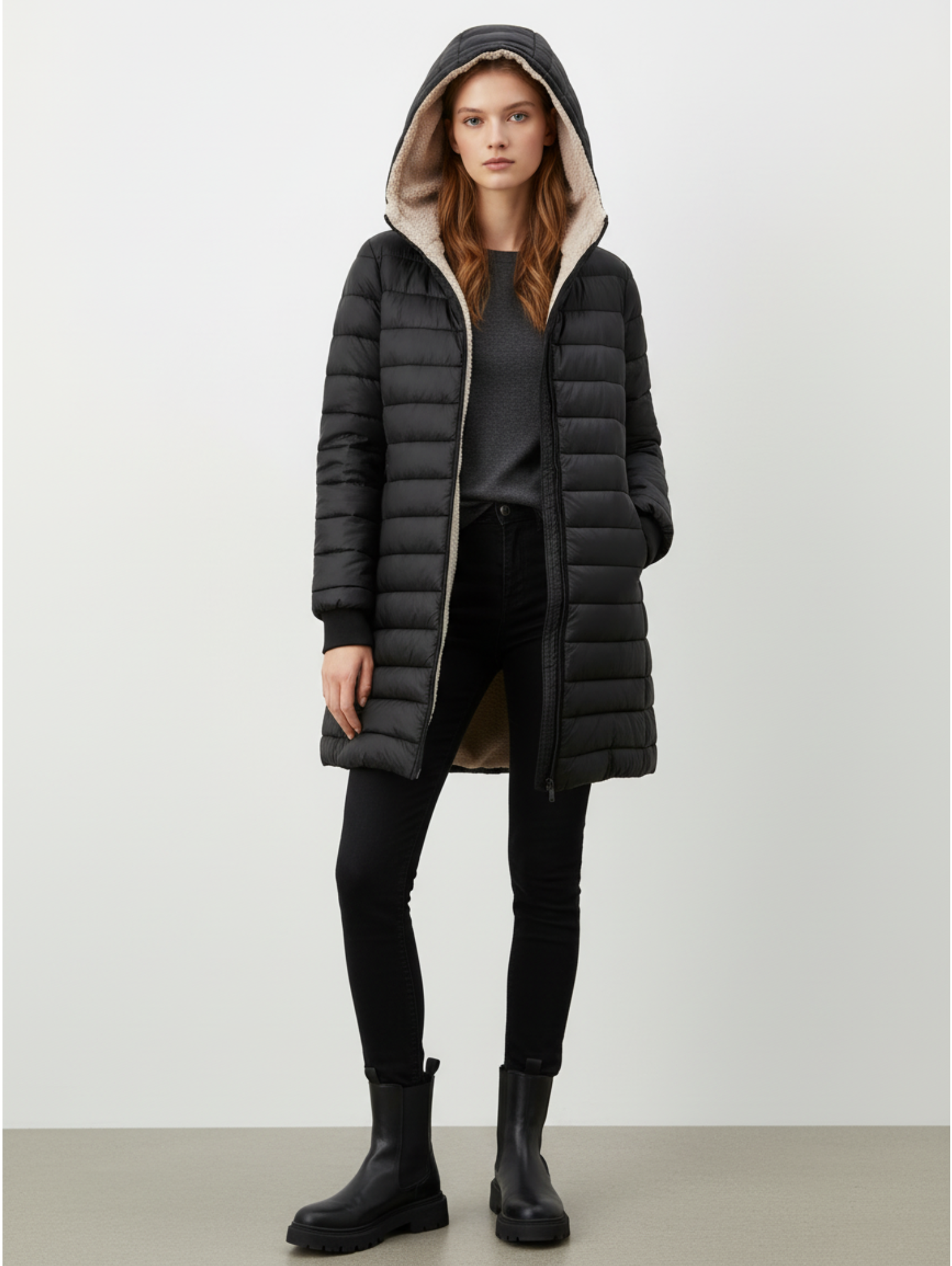 MID-LENGTH HOODED PUFFER ZIPPER JACKET