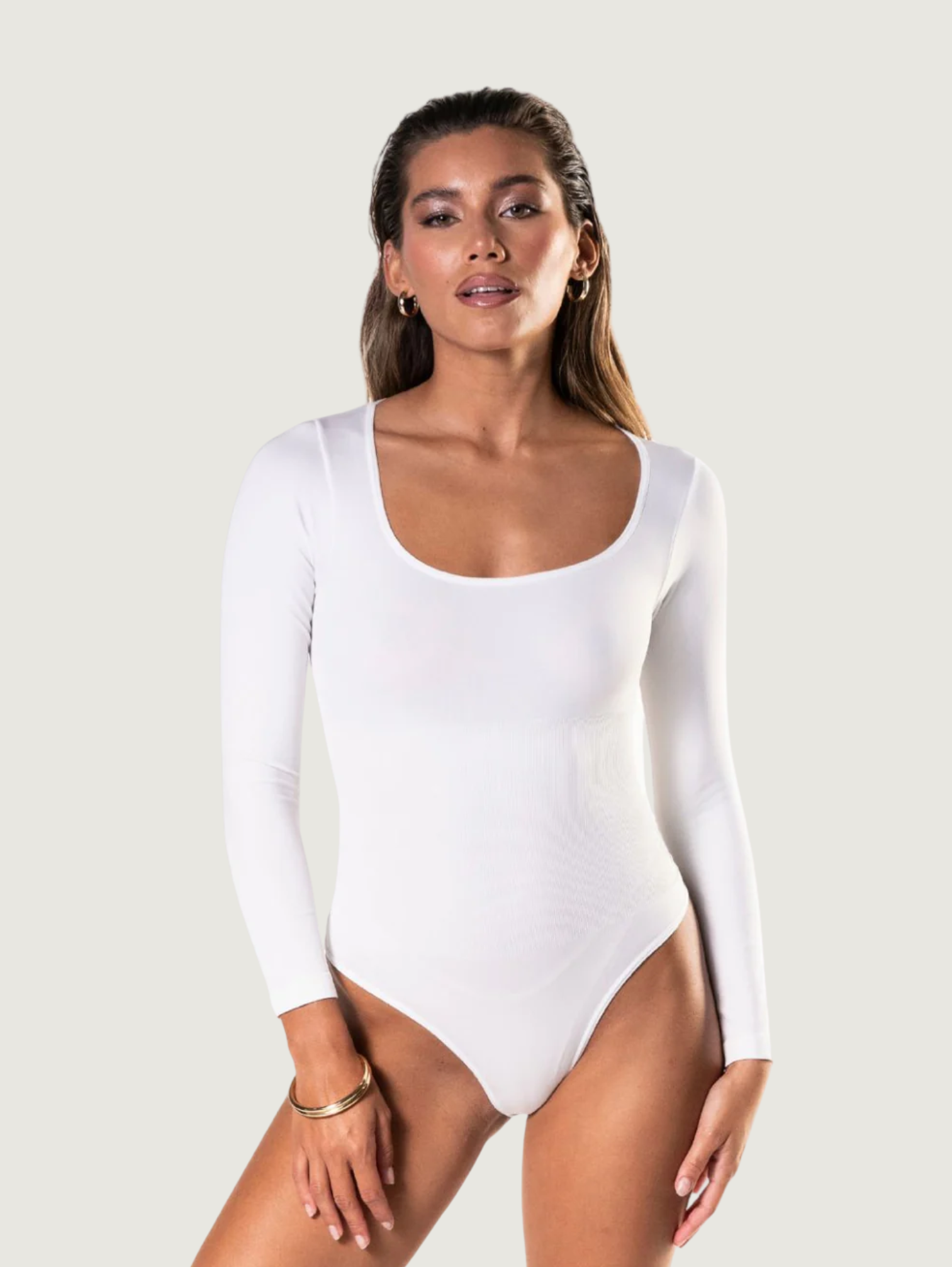 STRETCH LONG SLEEVE THONG BODYSUIT