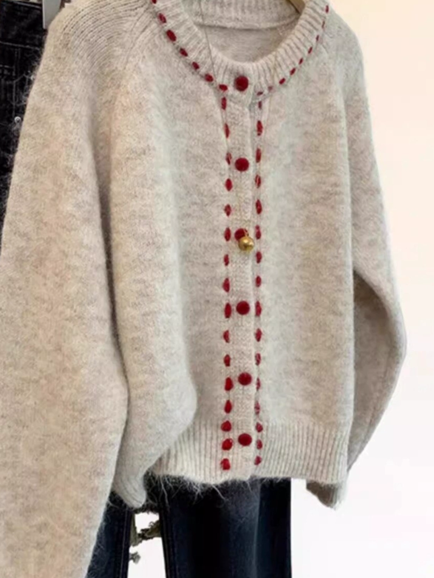 APRICOT THICKENED ROUND NECK KNIT CARDIGAN