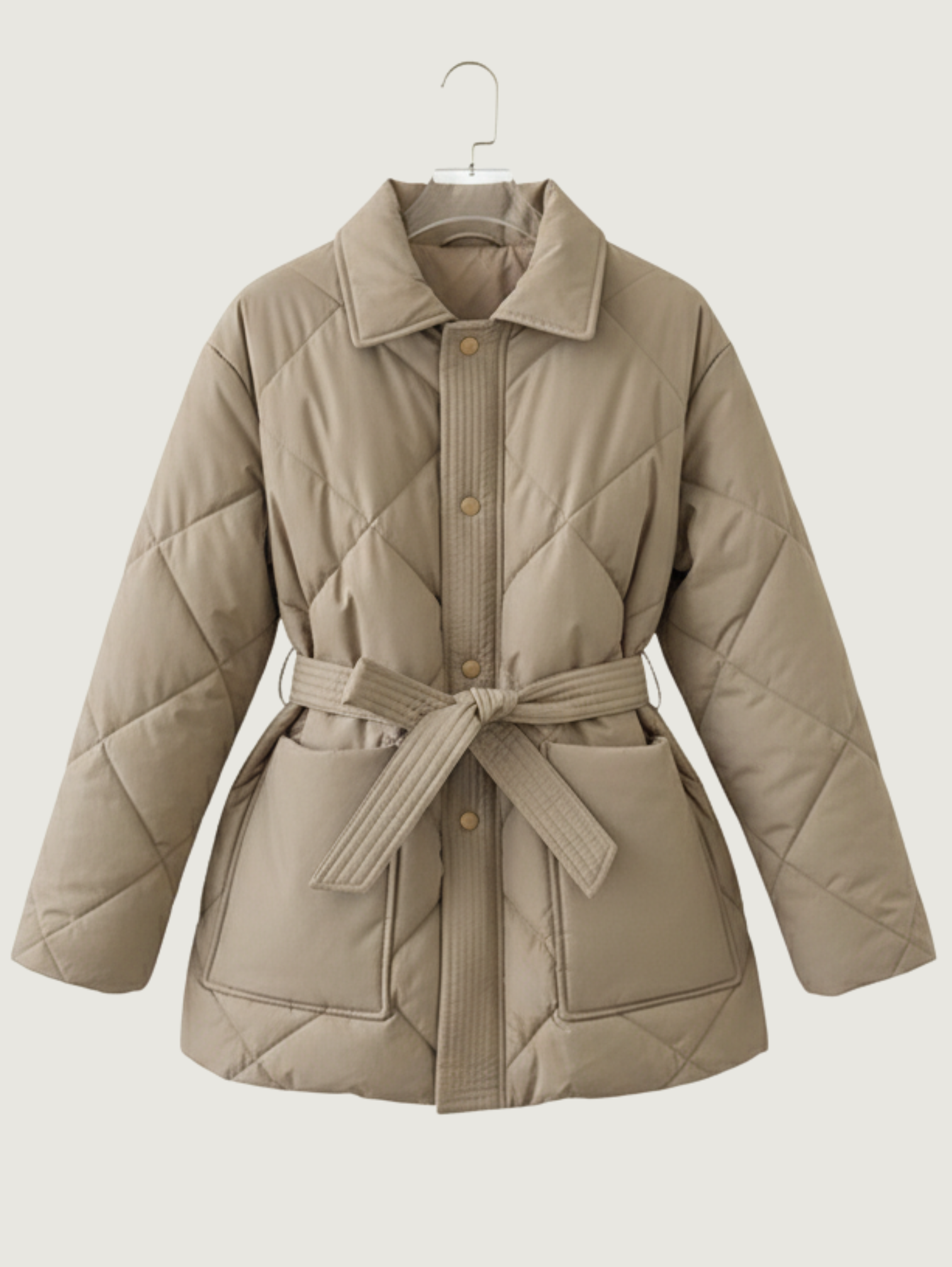 HIGH-NECK QUILTED PADDED SHORT COAT WITH BELTED WAIST