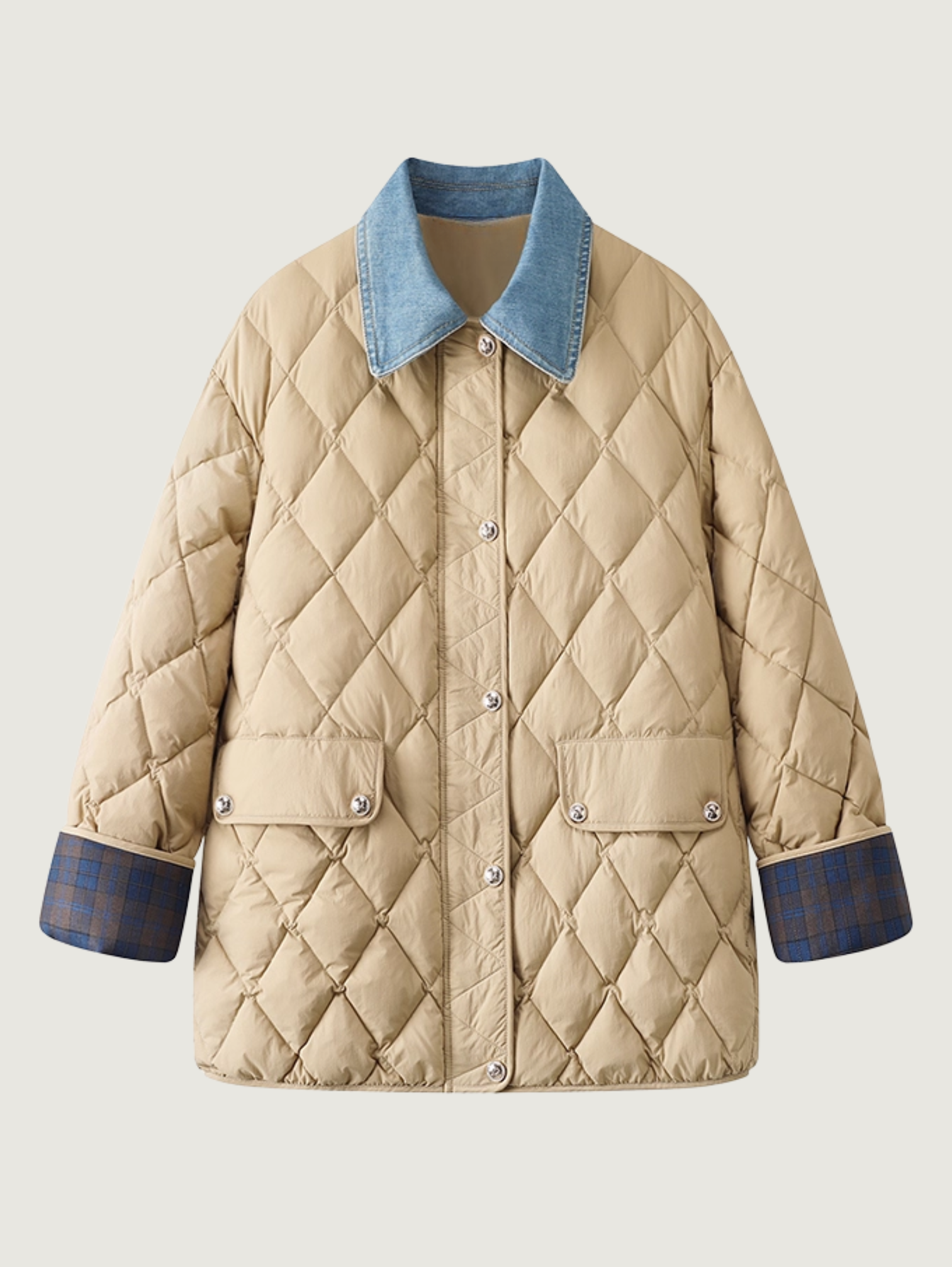 CONTRAST COLLAR MID-LENGTH QUILTED COAT