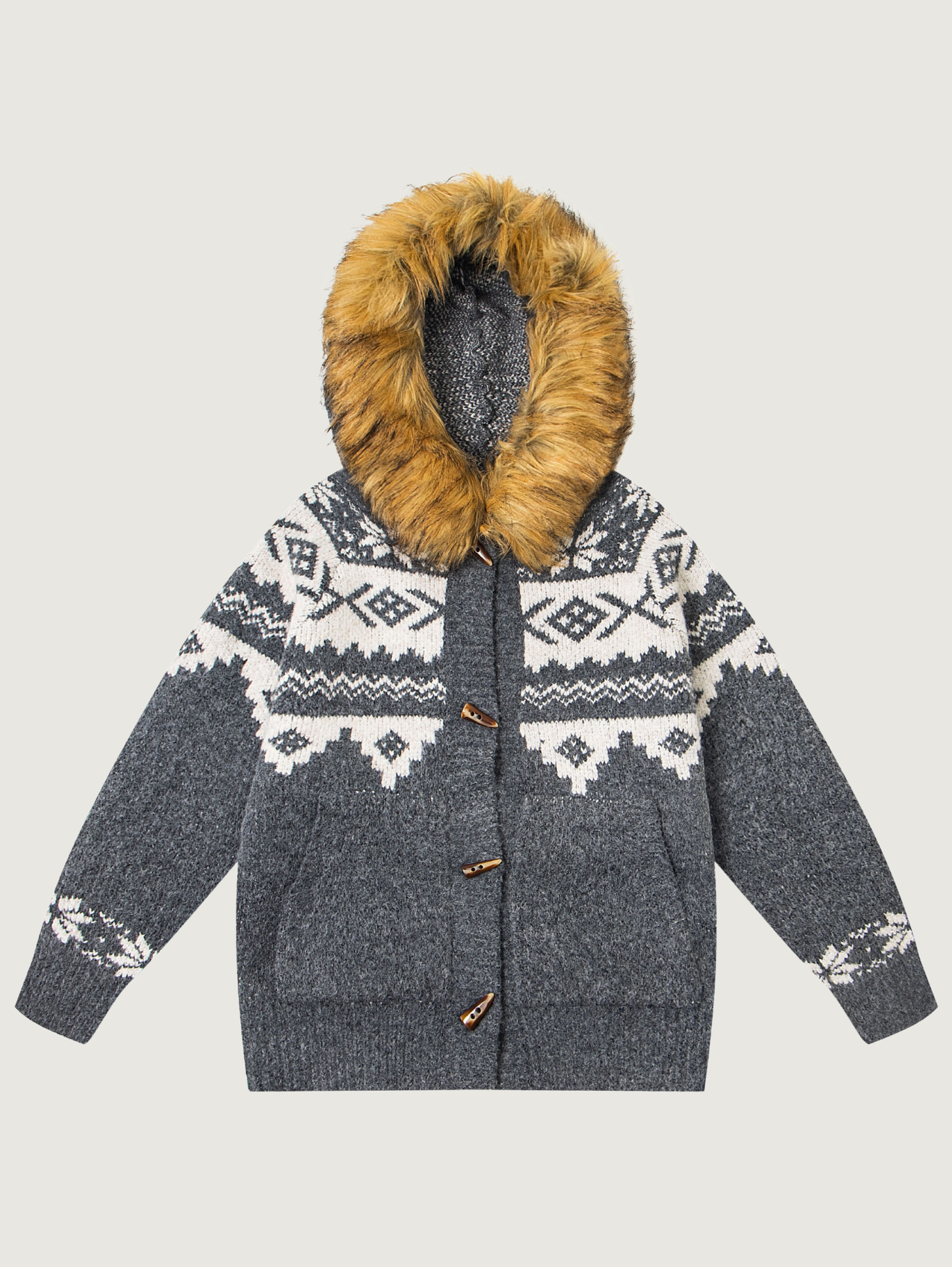 UNISEX FAIR ISLE ZIP CARDIGAN WITH REMOVABLE FUR COLLAR