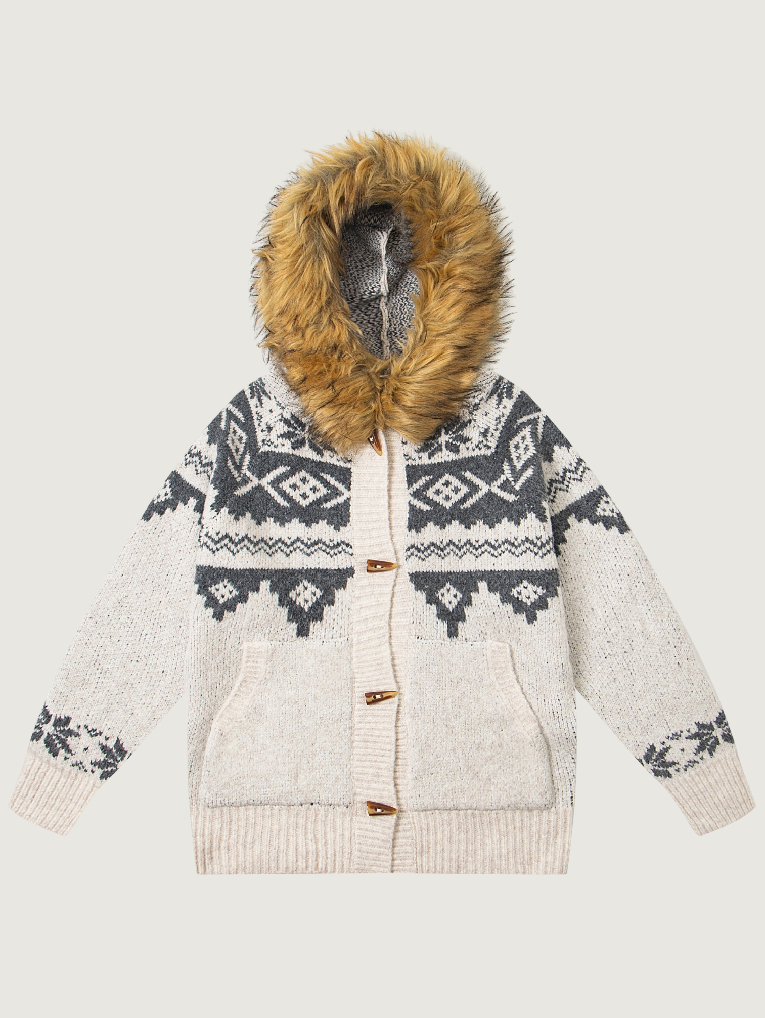 UNISEX FAIR ISLE ZIP CARDIGAN WITH REMOVABLE FUR COLLAR