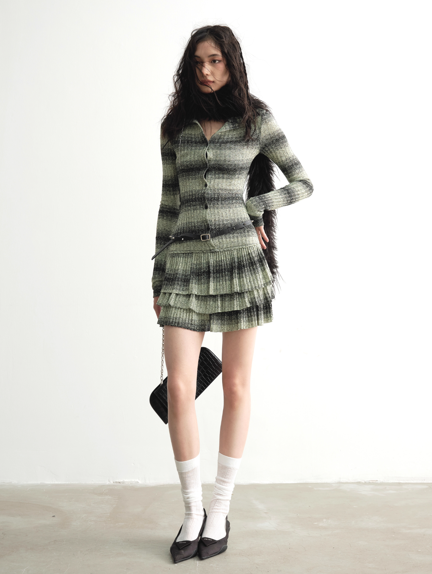 STRIPED RUFFLE TWO-PIECE KNIT DRESS