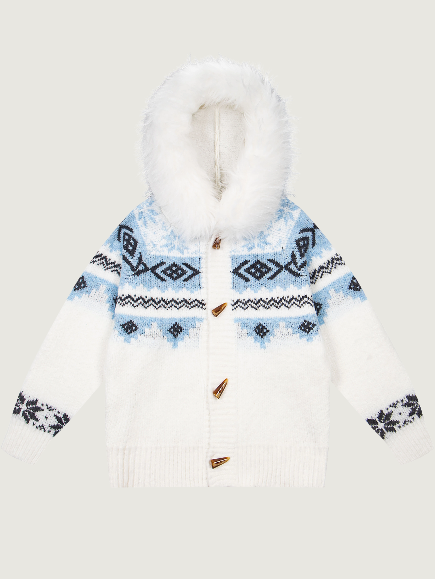 UNISEX FAIR ISLE ZIP CARDIGAN WITH REMOVABLE FUR COLLAR