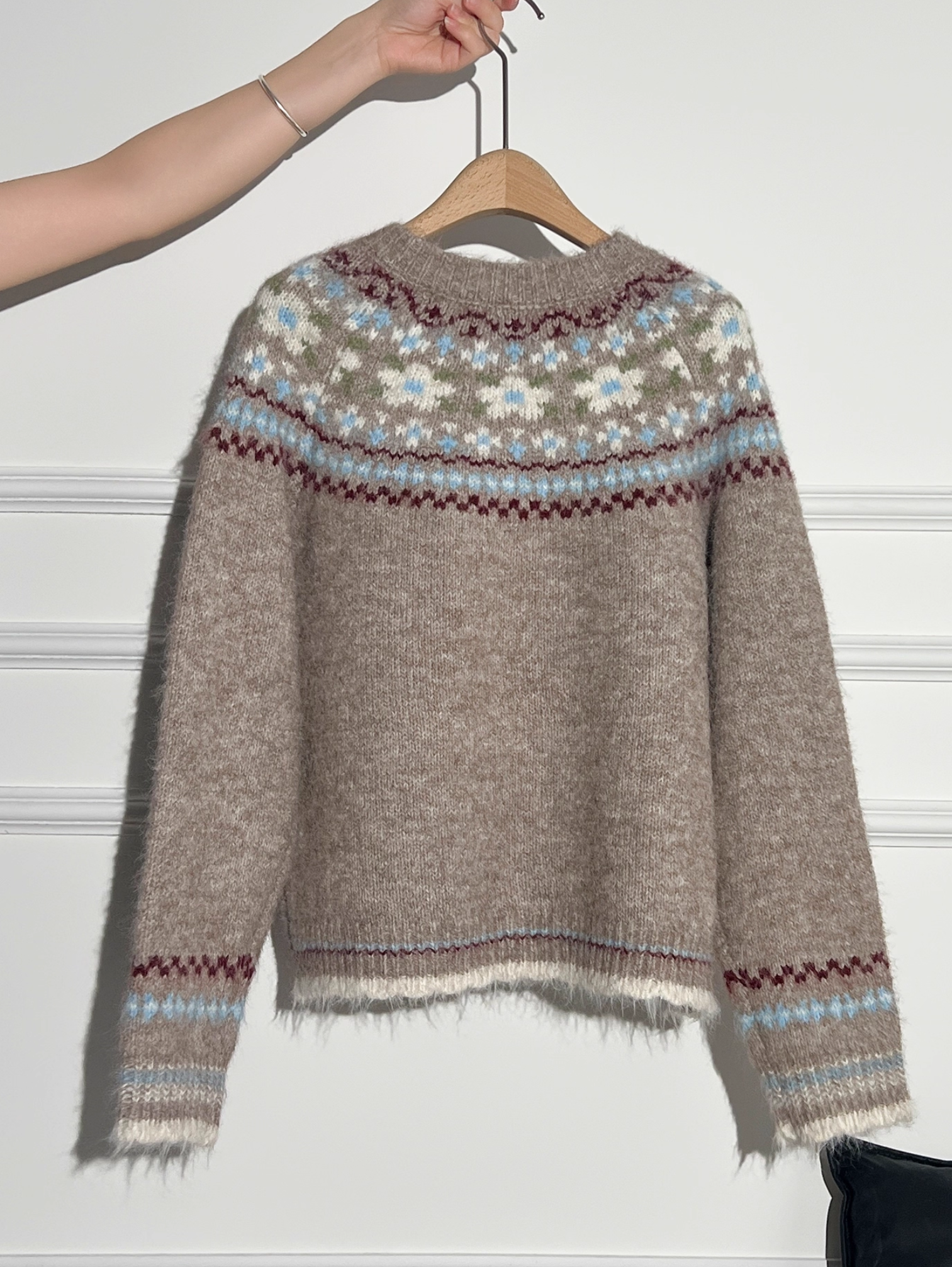 KHAKI ROUND THICK NECK KNIT CARDIGAN