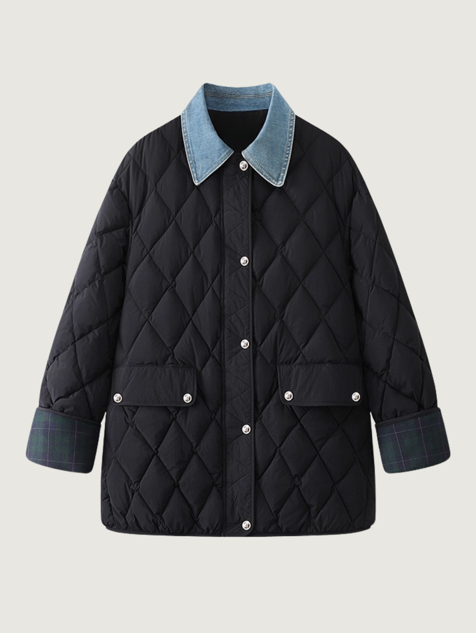 CONTRAST COLLAR MID-LENGTH QUILTED COAT
