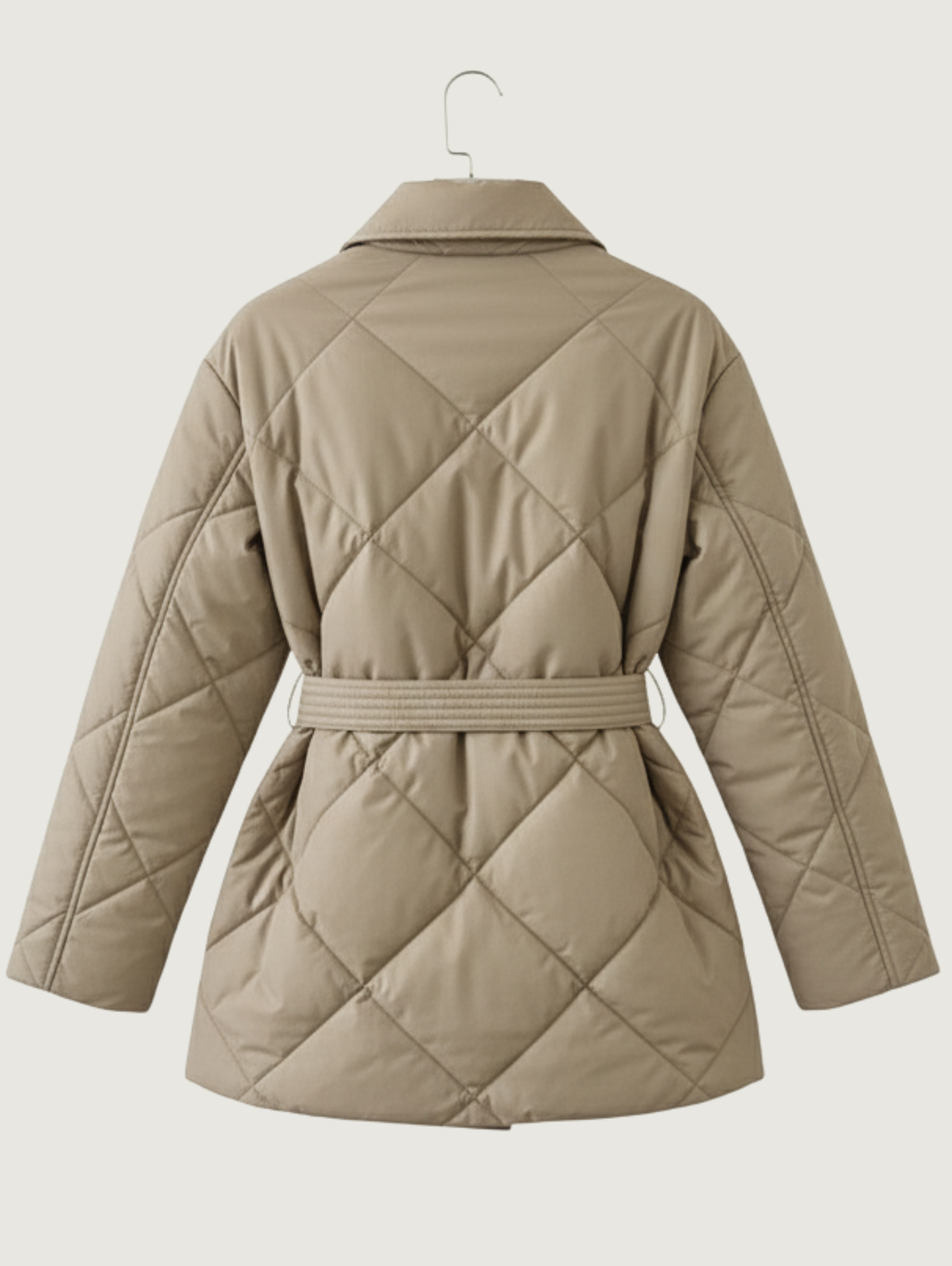 HIGH-NECK QUILTED PADDED SHORT COAT WITH BELTED WAIST