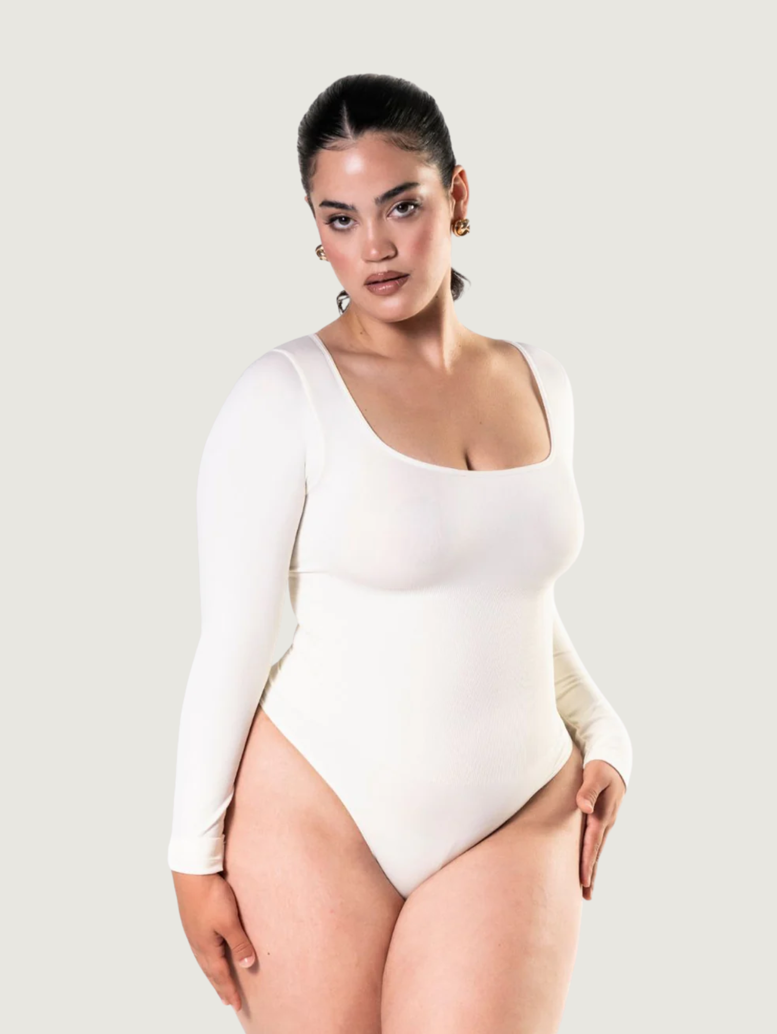 STRETCH LONG SLEEVE THONG BODYSUIT