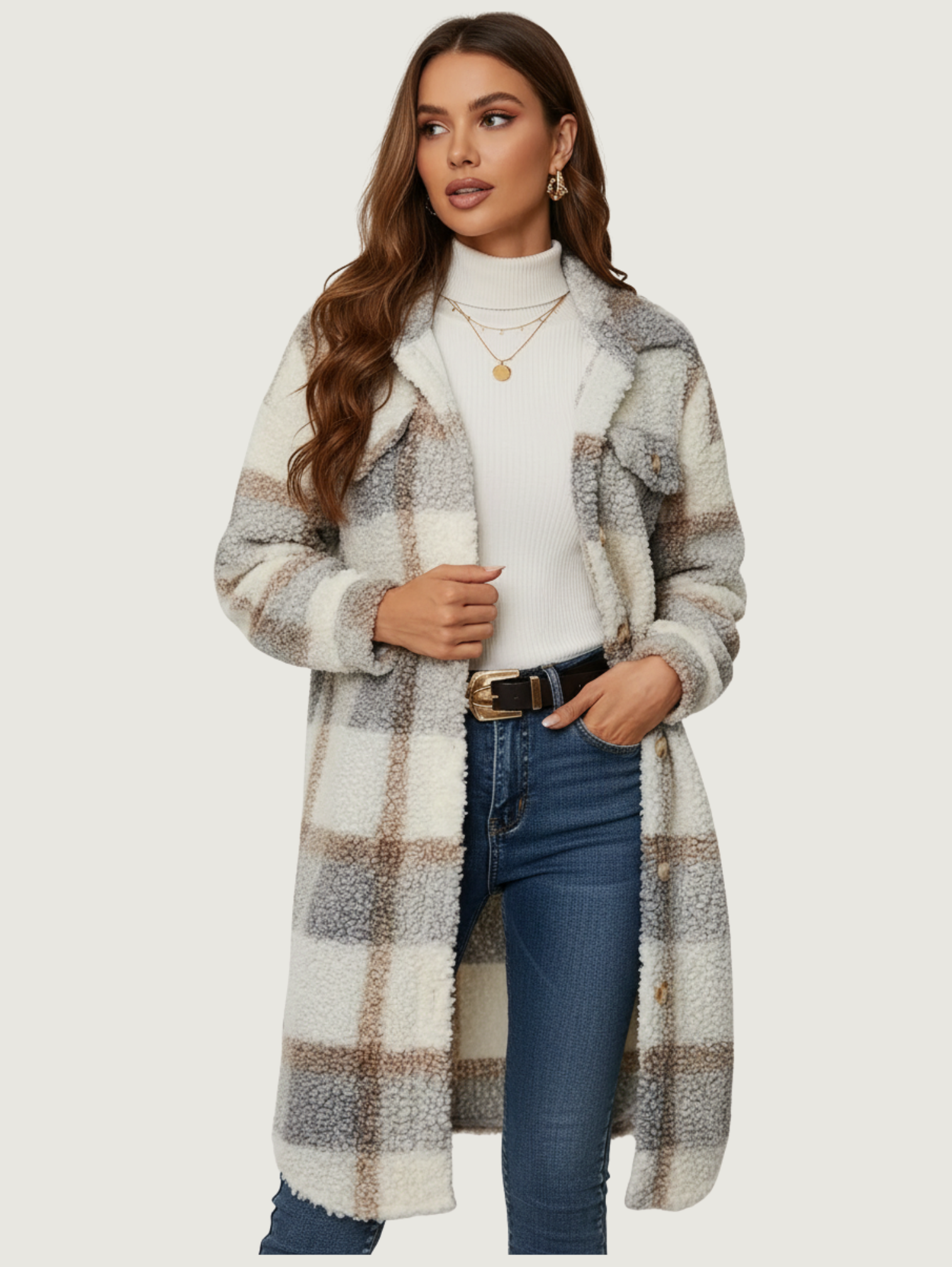 FUZZY PLAID LONG JACKET