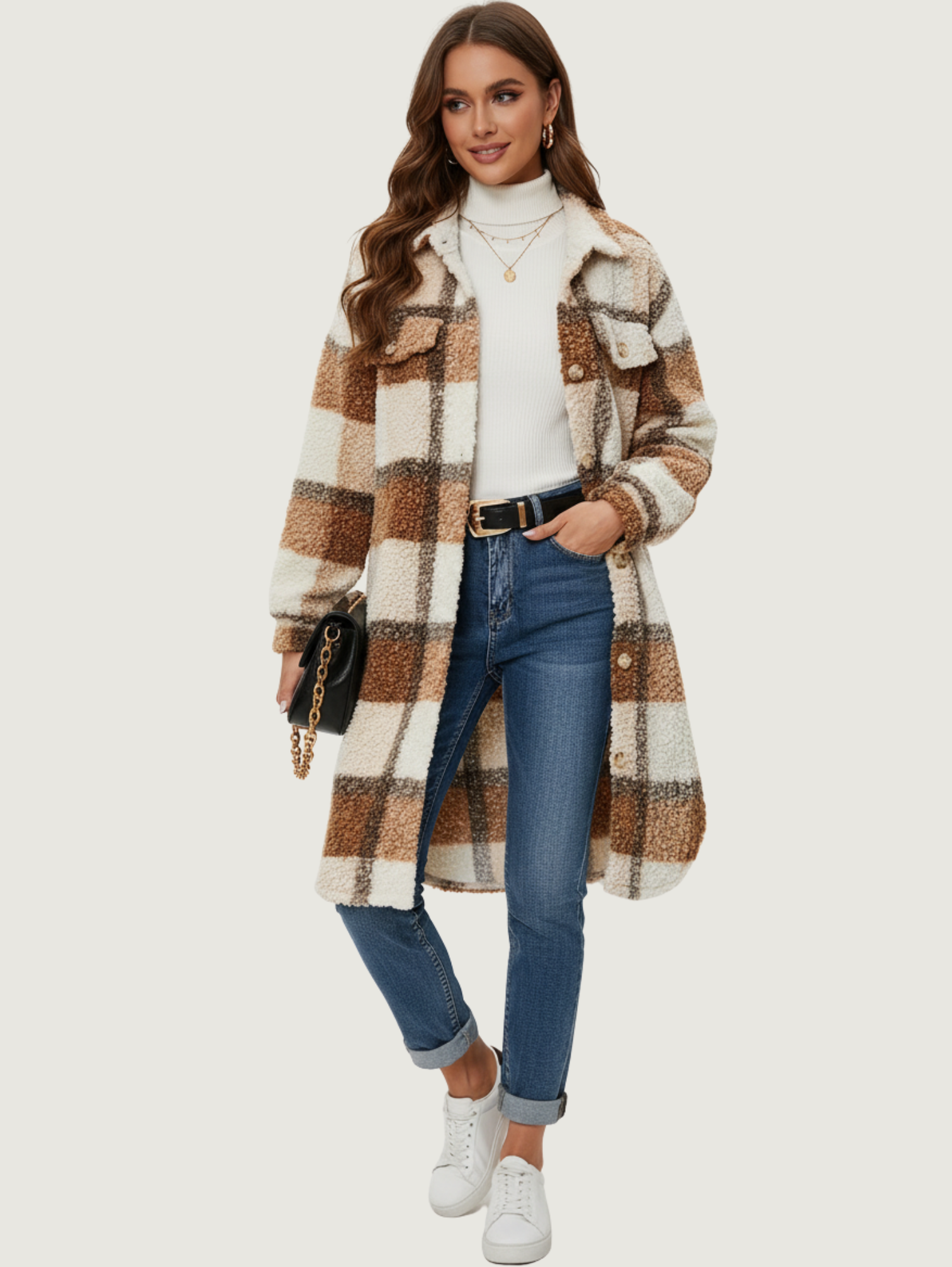 FUZZY PLAID LONG JACKET